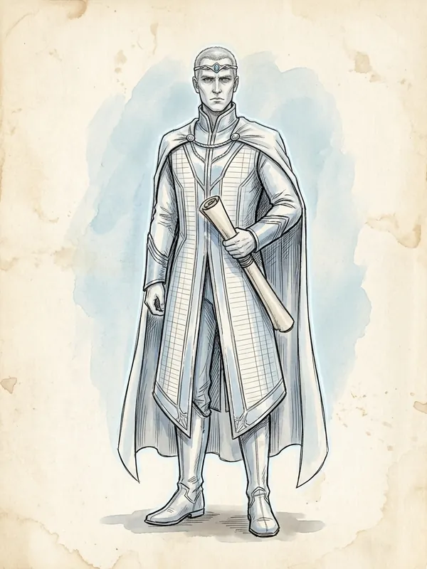 Caelthar, a stern god in a long white and pale blue coat ruled like a ledger page, with a silver circlet and a rolled scroll under his arm, surrounded by a cool glow.