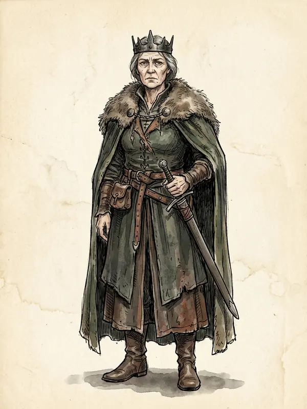 The Mortal Claimant, a weathered queen with grey hair and a plain iron crown, in a fur-collared green cloak and travelling dress, one hand on her sword hilt.