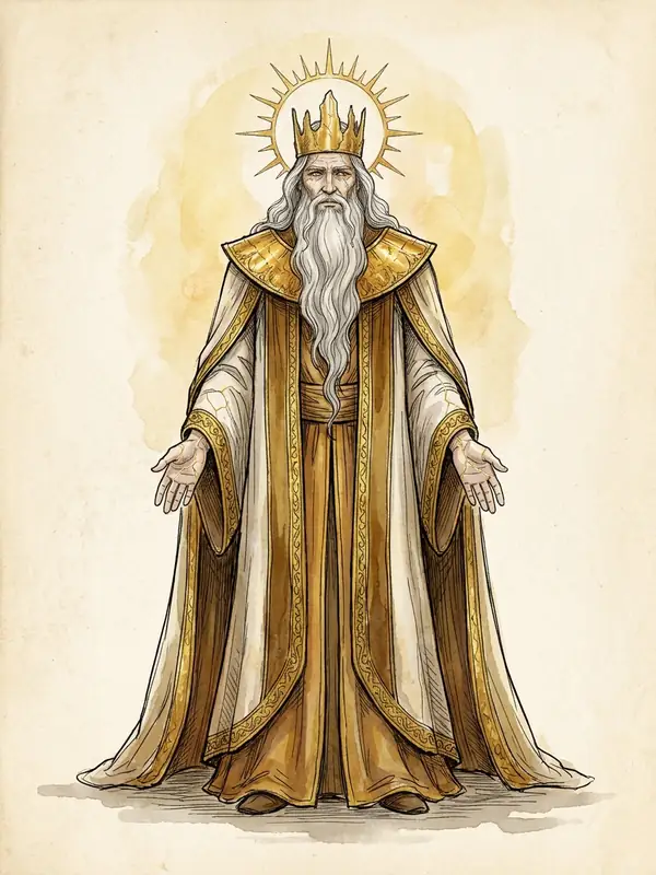 Ilmarion, a tall god-king with a long silver beard and a golden crown with a sunburst halo, in layered white and gold robes, his open hands marked with faint golden cracks.