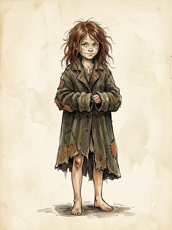 Kesa, a thin barefoot girl of about eight with tangled chestnut hair and a scraped knee, wearing an oversized patched wool coat and a small guarded smile.