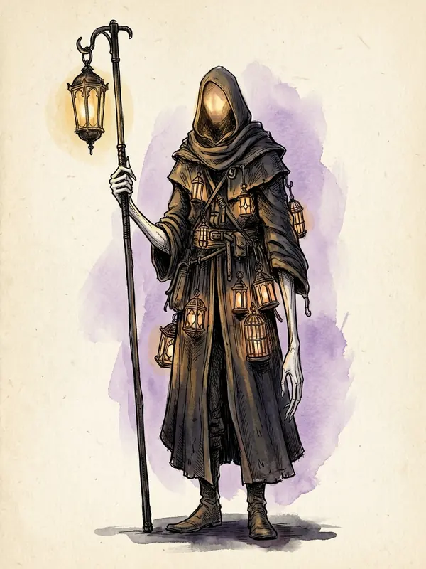 A Lampwright, a very tall hooded figure with a softly glowing face and a long dark coat hung with small lanterns, holding a tall staff topped with a lantern.