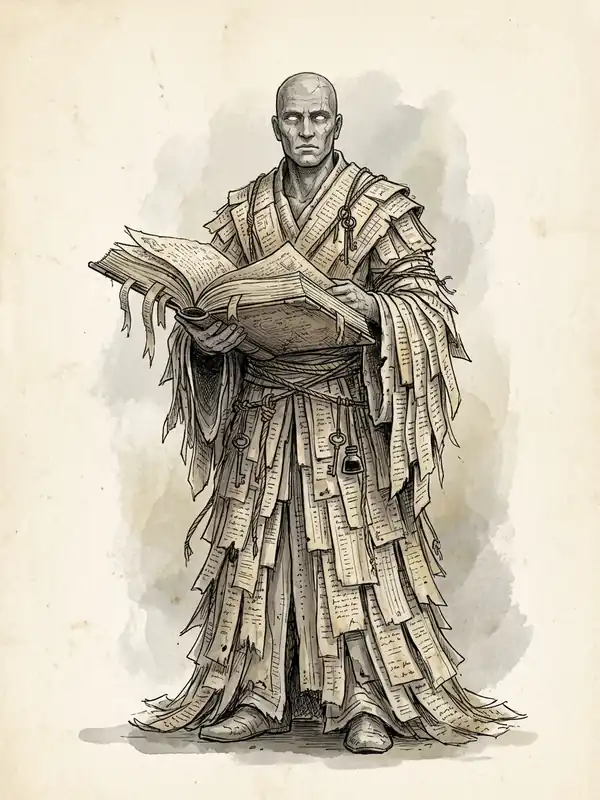 A Ledgerkeeper, a tall bald figure with stone-grey skin and pale glowing eyes, in robes made of overlapping strips of written paper, holding an enormous open book.
