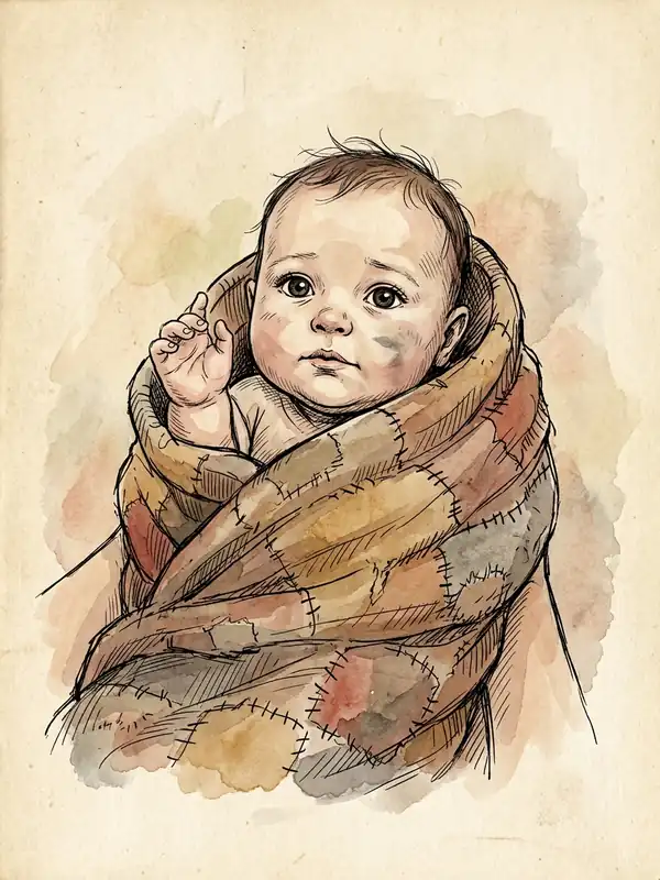 Liora, a round-cheeked baby with dark eyes, swaddled in a patchwork blanket with one small hand raised.