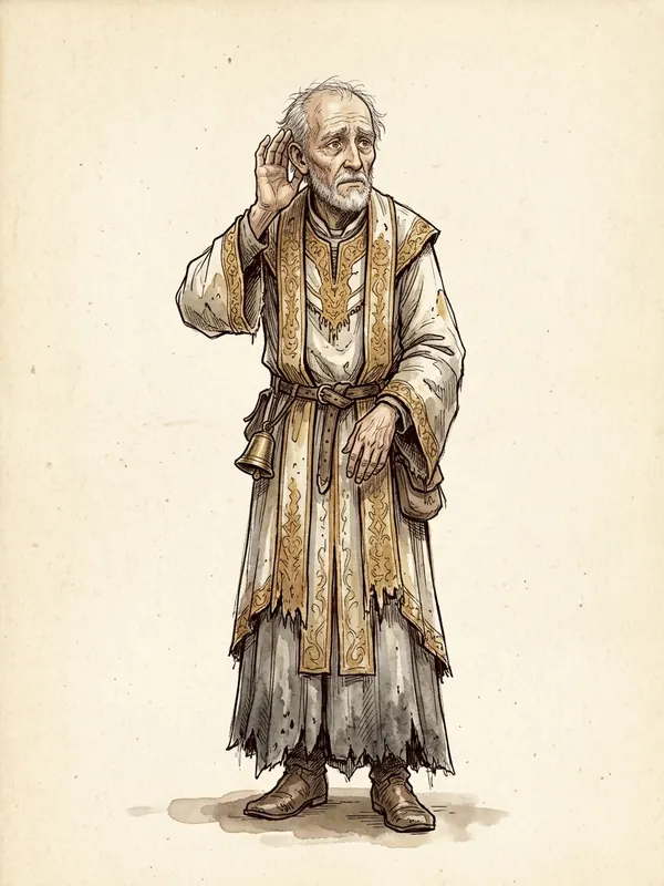 The Listener, a thin elderly priest in worn white and gold robes with a small bell at his belt, one hand cupped behind his ear, listening with a troubled look.