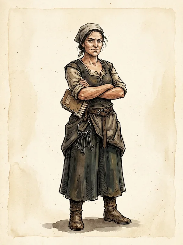 Marenne, a strong woman in a kerchief with her arms crossed, a ring of keys at her belt and a ledger under one arm, with a knowing half-smile.