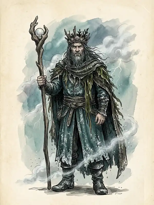 Morvaen, a powerful bearded sea god in a crown of driftwood, coral and shells, in a salt-crusted teal coat and kelp cloak, holding a driftwood staff topped with a pearl, with storm clouds around him.
