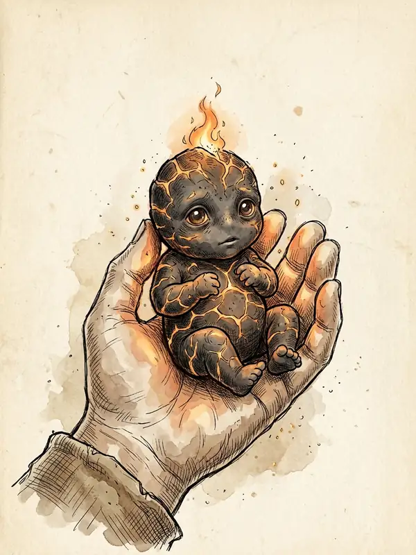 Nim, a tiny dark creature with glowing orange cracks across its skin and a small flame on its head, sitting in the cupped palm of a human hand.