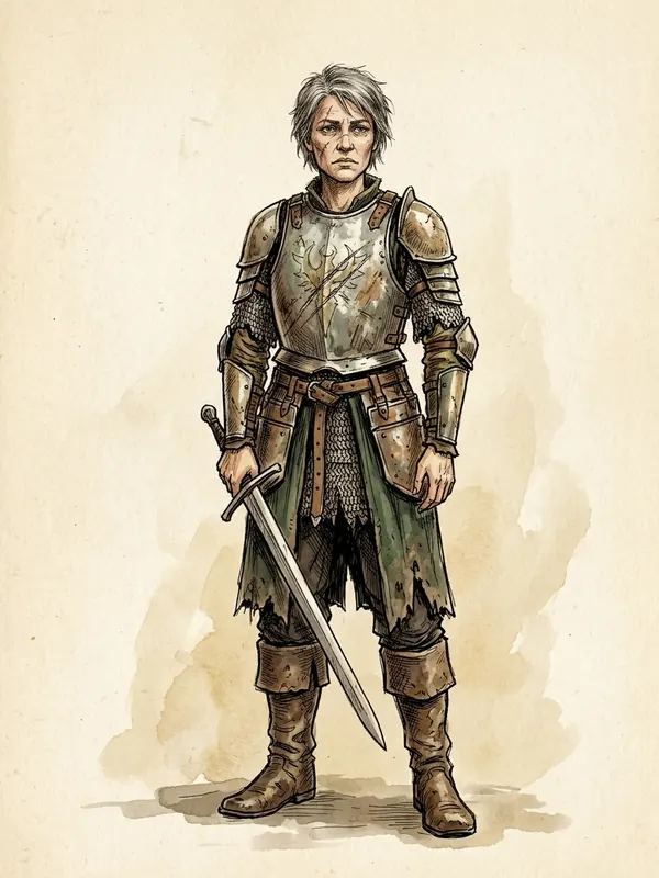The Oathsworn, a grey-haired scarred woman in battered mismatched armour with a god's sigil scratched out on the breastplate, holding a sword point-down.