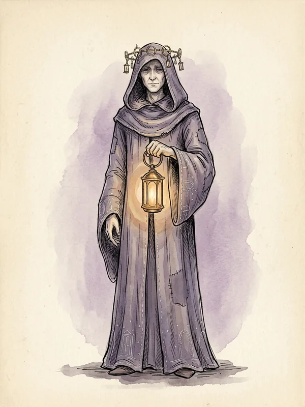Oriel, a quiet hooded god in a patched violet-grey robe stitched with doorways and stars, a crown of small brass lamp rings on his hood, holding a glowing brass lantern.