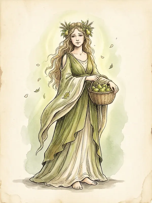 Sylvaine, a gentle goddess with long wavy hair and a crown of wheat and pears, in a flowing moss-green gown, barefoot and holding a basket of green pears.
