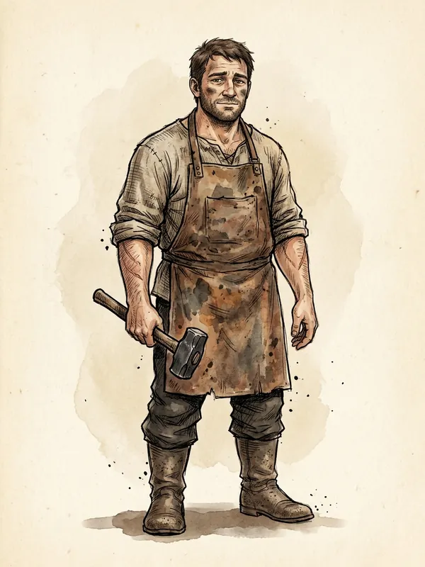 Teiran Vaele, a broad-shouldered ironsmith in a soot-stained leather apron with rolled sleeves and a hammer in his hand, looking tired but kind.