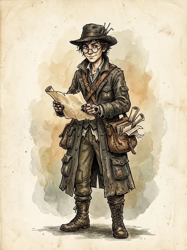 The Thief-Scholar, a wiry young person in a wide hat with lockpicks in the band, round spectacles, and a long coat with many pockets, smiling over a half-unrolled map with a satchel of scrolls.