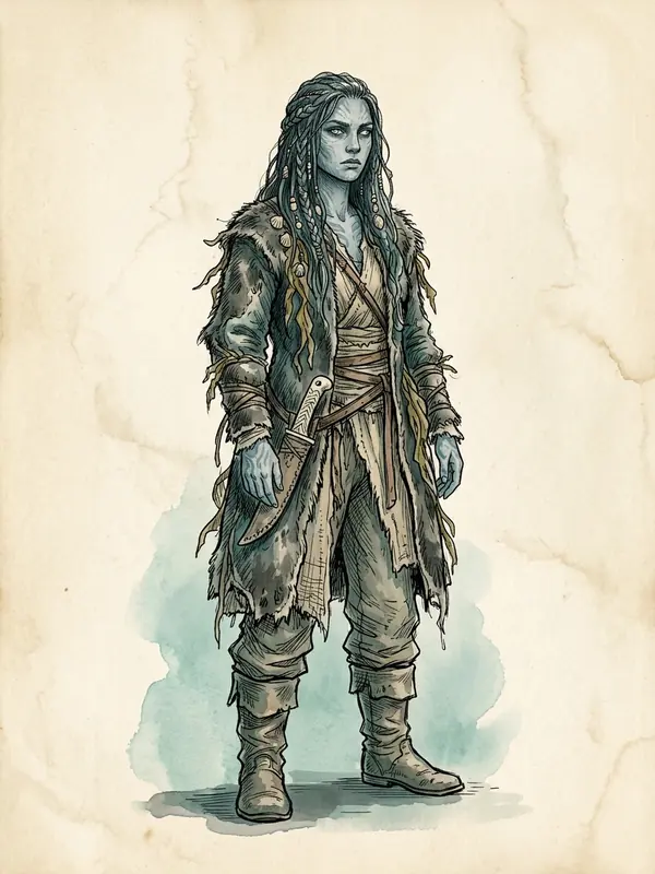 A Tidebound woman with blue-grey skin and long braided hair threaded with shells, in a rough sealskin and kelp coat with a bone-handled knife at her hip.