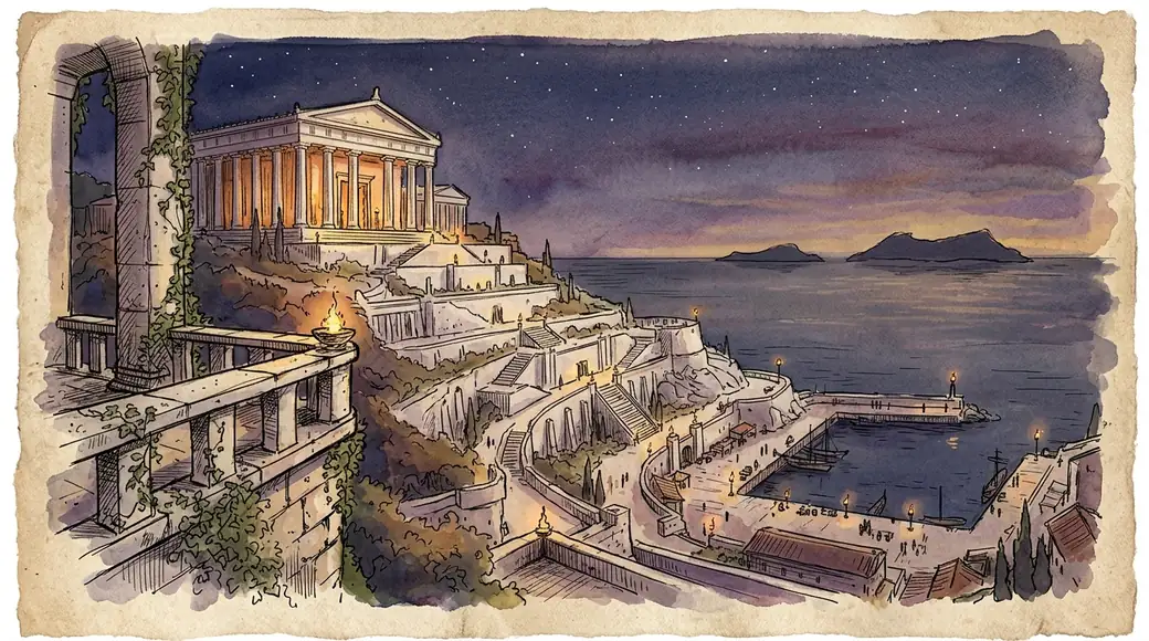 The white terraces of Aurendell stepping down to the harbor under the Hall of Open Doors, lit against the dusk.