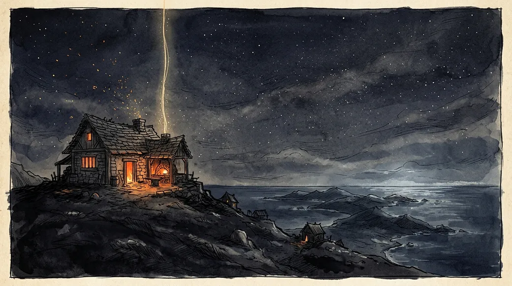 A small house on a soot-black hill at the edge of the southeast islands, its windows glowing, a thin line of light rising from its roof into the stars.
