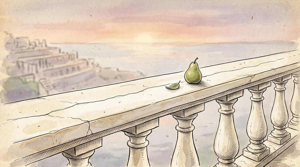 A green pear resting on a marble balustrade at dawn, beside a hairline crack that runs the length of the stone.